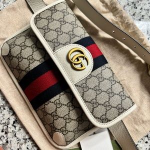 GUCCI GG Monogram Web Small Ophidia Belt Bag 100 40 Beige Ebony White